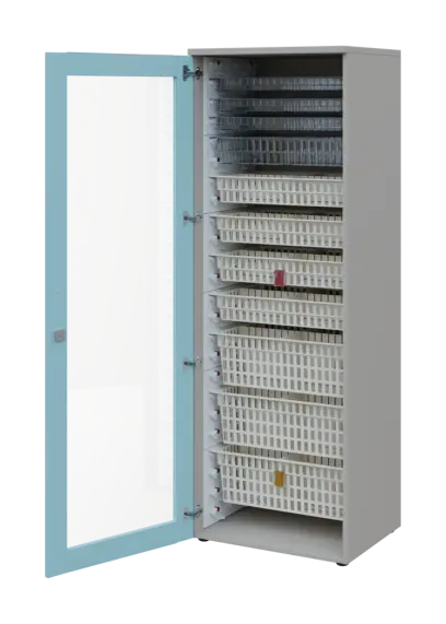 EUROMEDICA S - 66 skříň léková boxová, 1-dveřová/prosklená, levá, 1950x660x535, korpus šedý, dvířka obloha